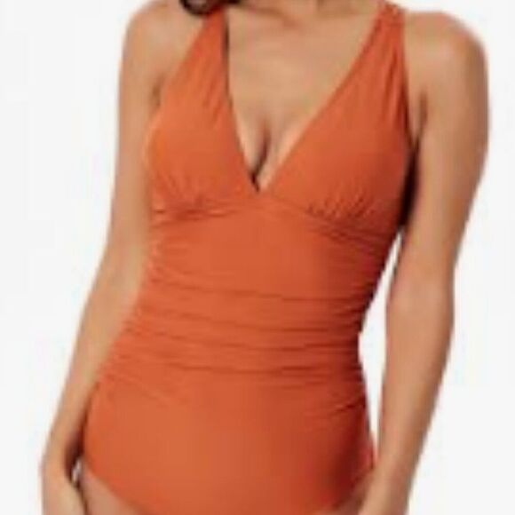cupshe rust colored runched sides halter top one piece swimsuit size medium - Picture 2 of 4